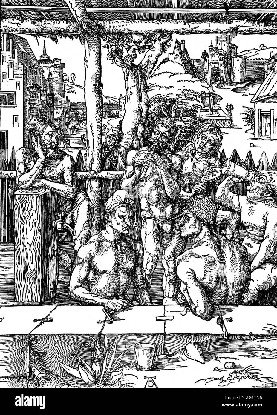 bathing, baths, menœs bath, woodcut by Albrecht Dürer, 1497, renaissance, historic, historical, 15th century, mens, men, Duerer,