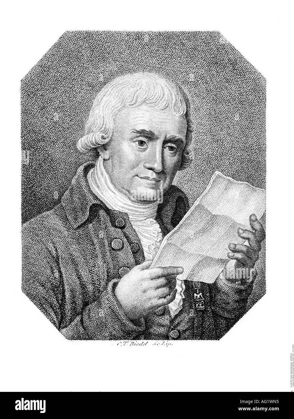 Heyne, Christian Gottlob, 25.9.1729 - 14.7.1812, German philologist, portrait, engraving by C.T. Riedel, circa 1810, linguist, archeologist, librarian, doctor, professor, writer, author, reading letter, , Artist's Copyright has not to be cleared Stock Photo