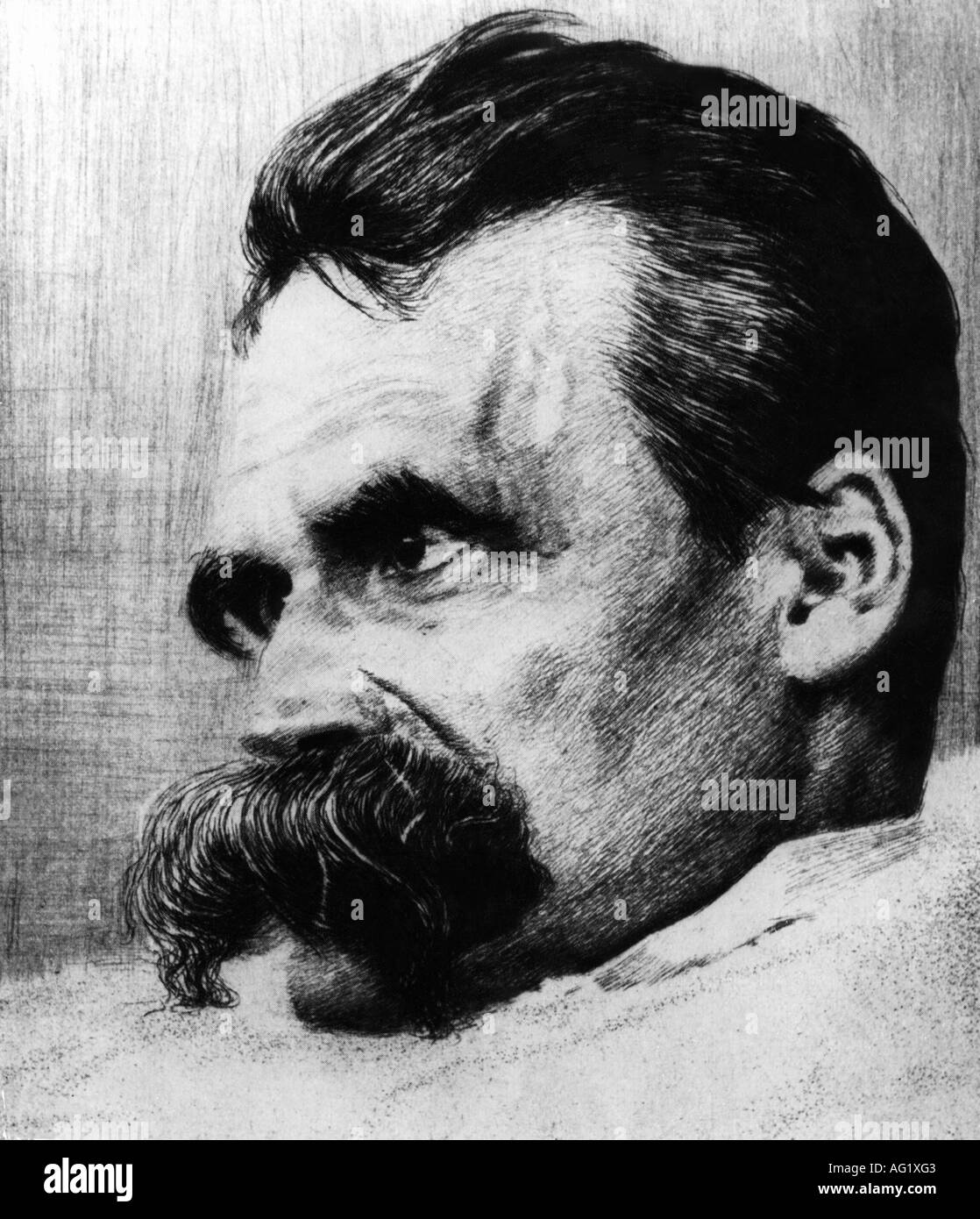 Nietzsche, Friedrich, 15.10.1844 - 25.8.1900, German philosopher, portrait, drawing by Hand Olde, circa 1895, , Stock Photo