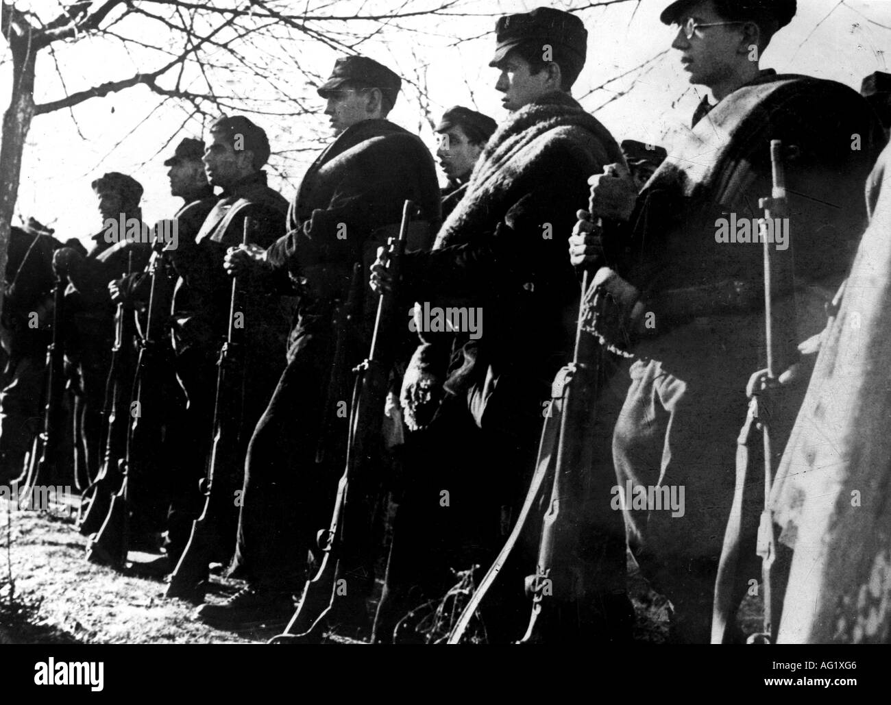geography / travel, Spain, Spanish Civil War 1936 - 1939, battalion of an International Brigade formed up, 8.1.1937, republicans, foreign volunteers, 20th century, historic, historical, guns, rifles, military, uniform, uniforms, Europe, male, man, men, people, 1930s, Stock Photo