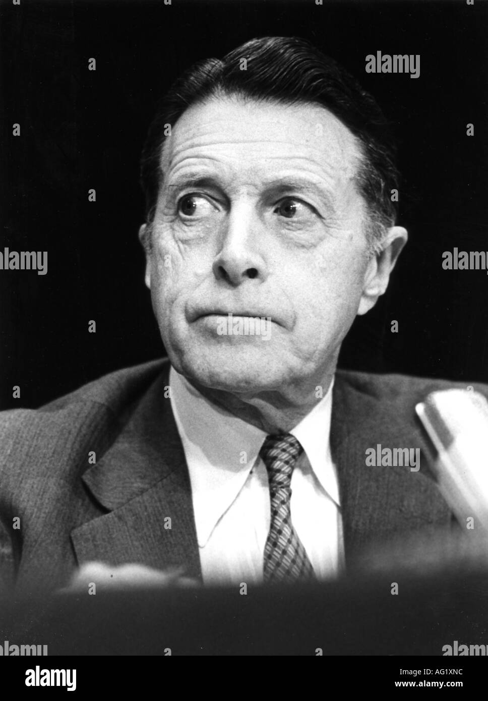 Weinberger, Caspar Willard 'Cap', 18.8.1917 - 28.3.2006, American politician, Secretary of State for Defense, portrait, at conference of nuclear planning group, Würzburg, 19.3.1986 - 21.3.1986, Stock Photo