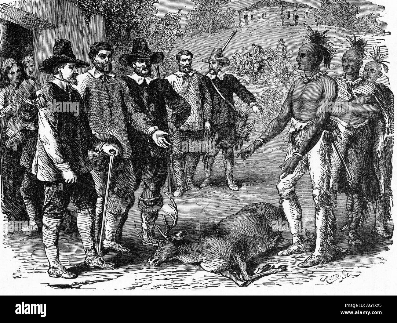 geography/travel, USA, people, Pilgrim Fathers, trading with Native Americans, History painting, engraving, 19th century, puritans, American Indians, settlers, 17th century, deer, North America, historic, historical, Stock Photo