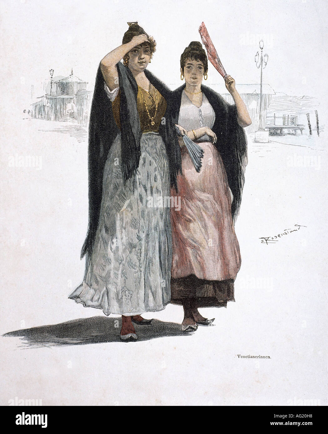 geography/travel, people, women, Venetians, engraving, Germany, late 19th century, Venice, Italians, fashion, costume, historic, historical, Italy, Stock Photo