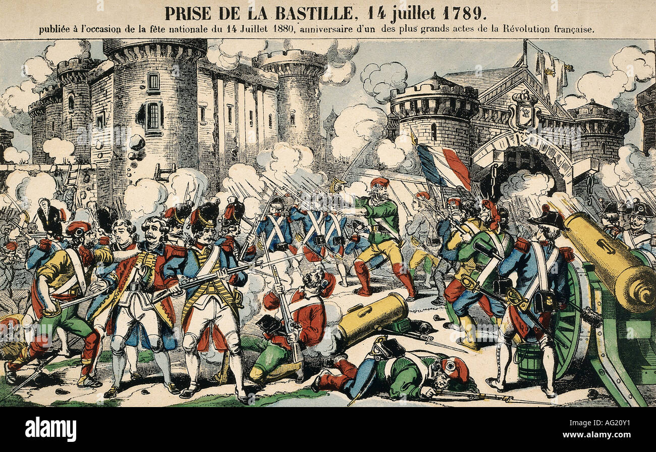 geography/travel, France, Revolution 1789 - 1799, Storm of the Bastille, Paris 14.7.1789, History painting, colored engraving, 1880, French, historic, historical, people, 19th century, Stock Photo