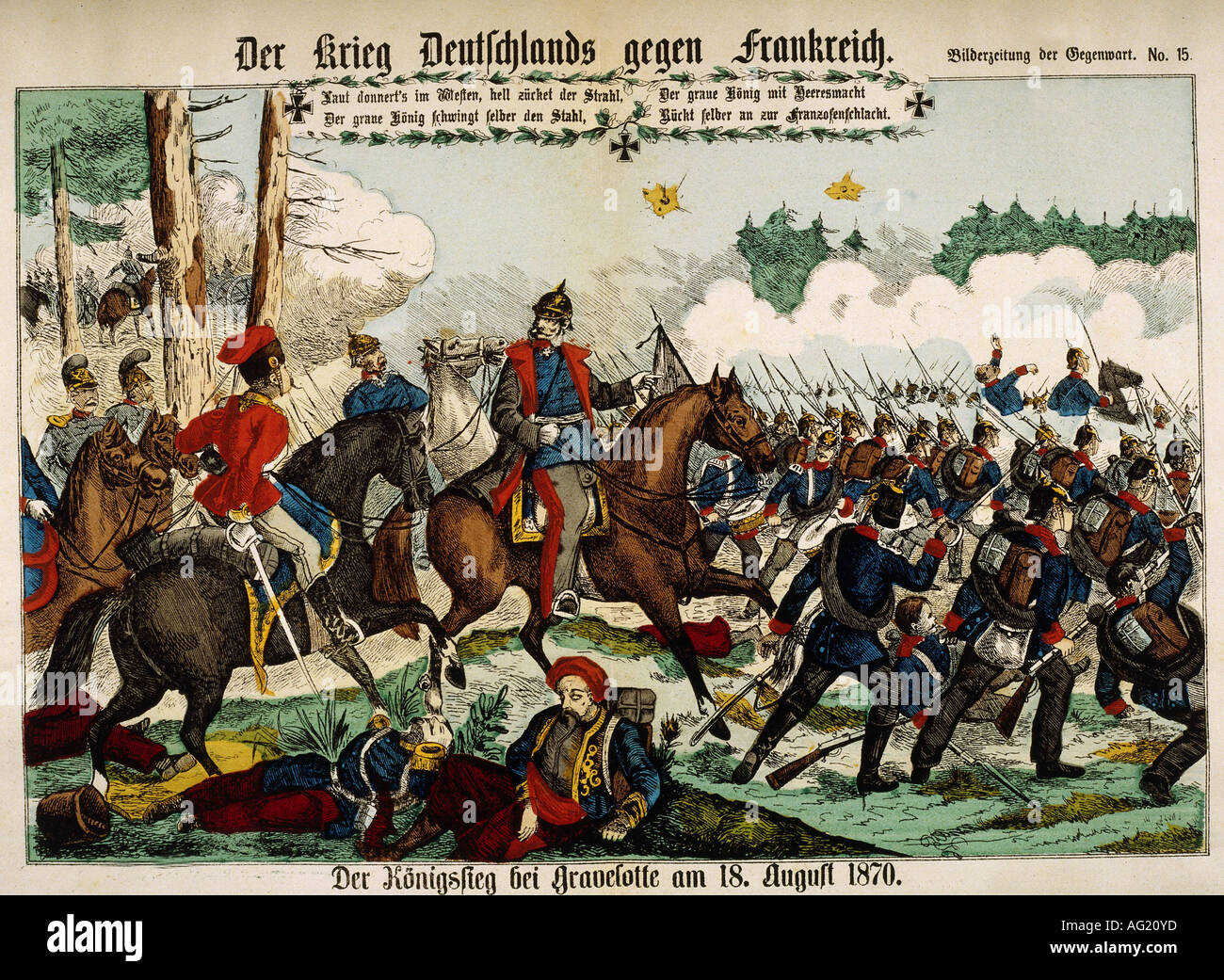 events, Franco-Prussian War 1870 - 1871, Battle of Gravelotte, 18.8.1870, engraving, 'Bildzeitung der Gegenwart', Nr.15, King William I of Prussia, 19th century, Germany, France, Franco Prussian, , Stock Photo