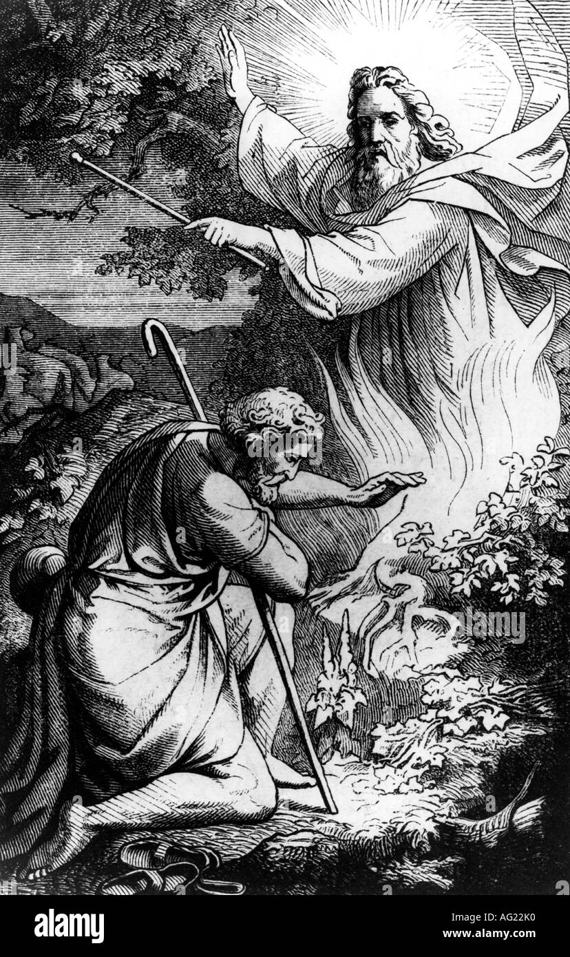 religion, biblical scenes, Moses and the burning bush, engraving, 19th century, prophet, vision