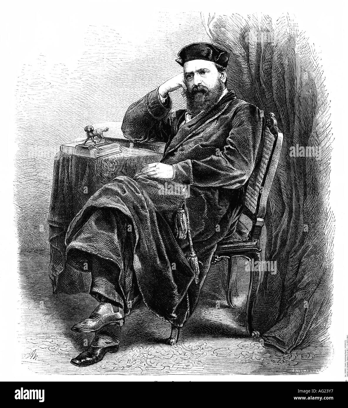 Herwegh, Georg, 31.5.1817 - 7.4.1875, German author/writer, full length, sitting, engraving by Adolf Neumann (1825 - 1884), poet, literatur, translator, smoking jacket, , Stock Photo