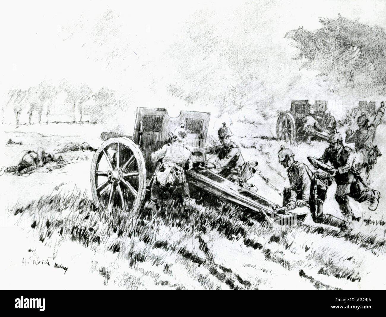 events, First World War / WWI, Western Front, German field artillery in action, 1914, Stock Photo