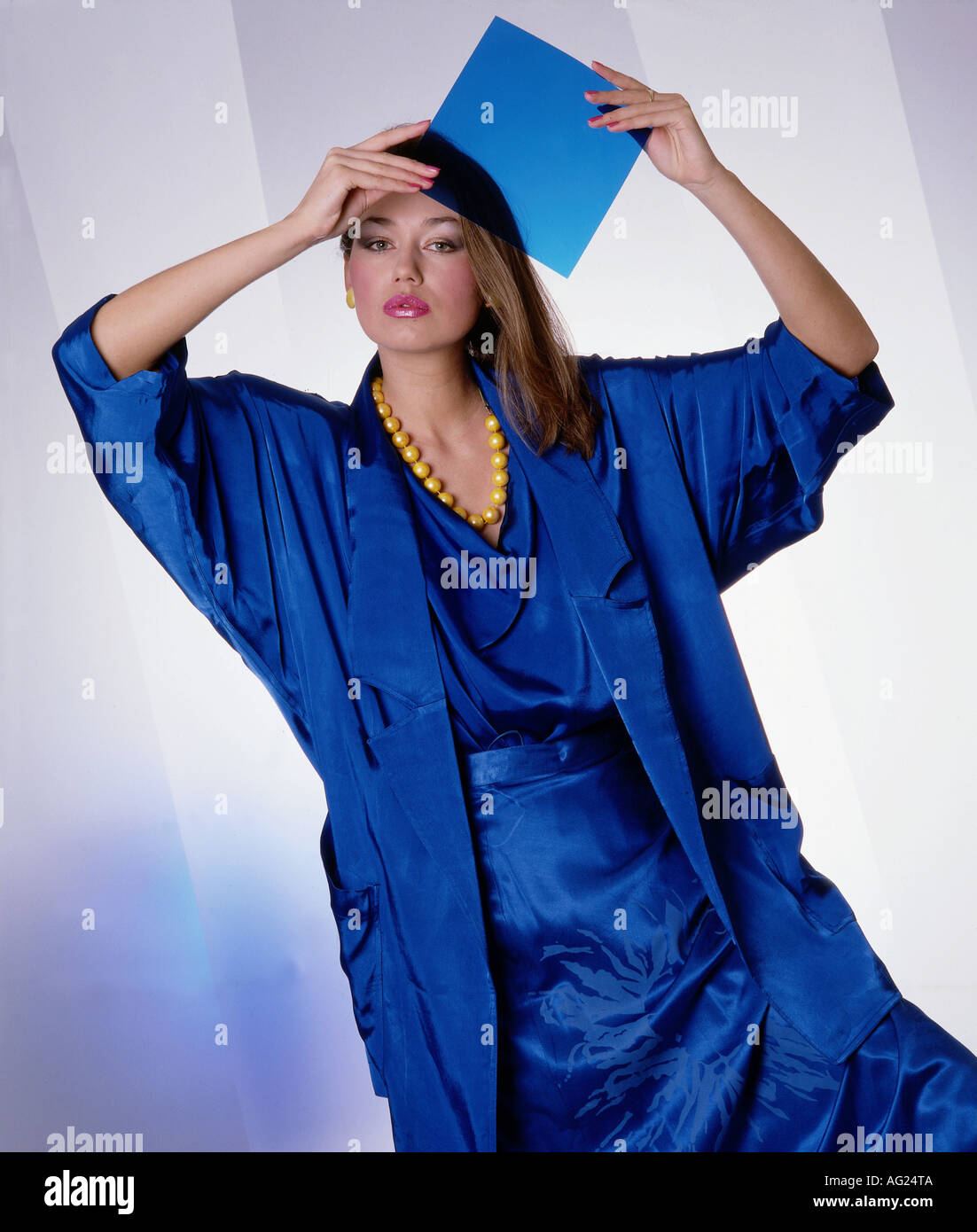 fashion, 1980s, young woman, blue, blouse, , Stock Photo