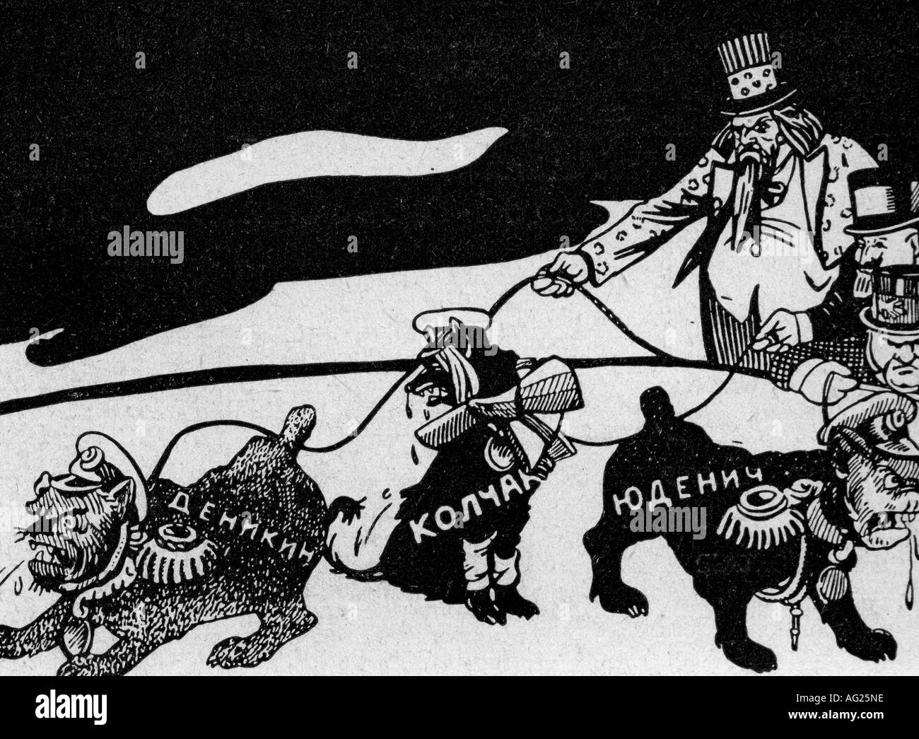 geography/travel, Russia, Civil War 1918 - 1922, intervention of the Western Allies, white generals as bloodhounds of the west, caricature by Deni, 1919, General Anton Denikin, Admiral Aleksandr Kolshak, General Nikolai Yudenich, Uncle Sam, John Bull, USA, Great Briain, France, dogs, politics, white movement, historic, historical, male, man, men, people, 20th century, 1910s, Stock Photo