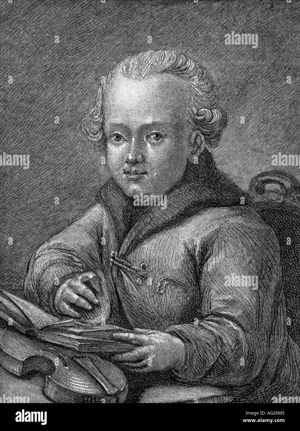 Mozart, Wolfgang Amadeus, 27.1.1756 - 5.12.1791, Austrian composer, half length, as a boy (aged 13 years), wood engraving, after painting by Carl Christian Klass, 18th century, Stock Photo