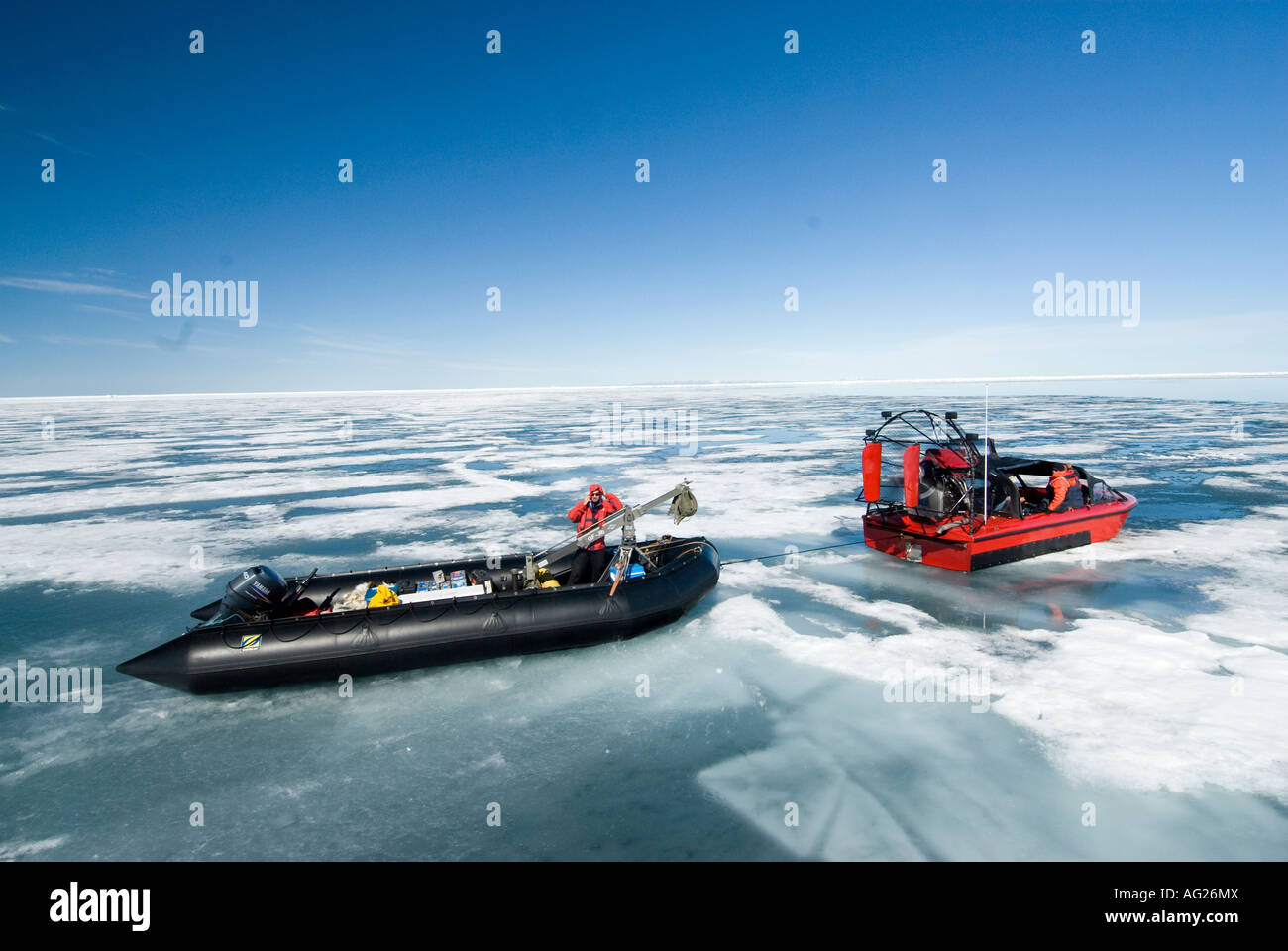 Air boats in use in the high Arctic for transporting freight and search and rescue operations airboats safe in breakup Stock Photo
