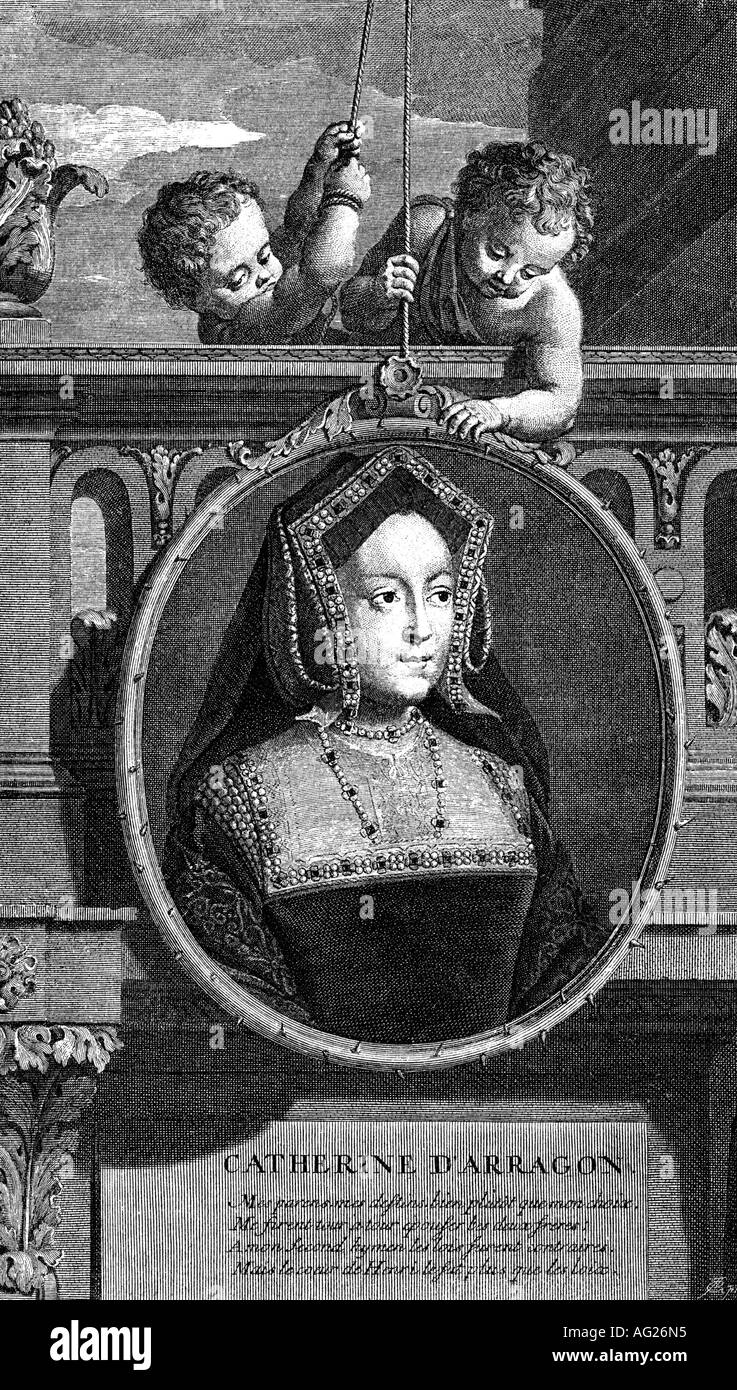 Catherine of Aragon, 16.12.1485 - 7.1.1536, queen consort of England 24.4.1509 - 23.5.1533, portrait, engraving by Vermeulen after painting by Adrian van der Werff (1659 - 1722), Trastamara, 1st wife of Henry VIII, 16th century, Tudor, , Artist's Copyright has not to be cleared Stock Photo