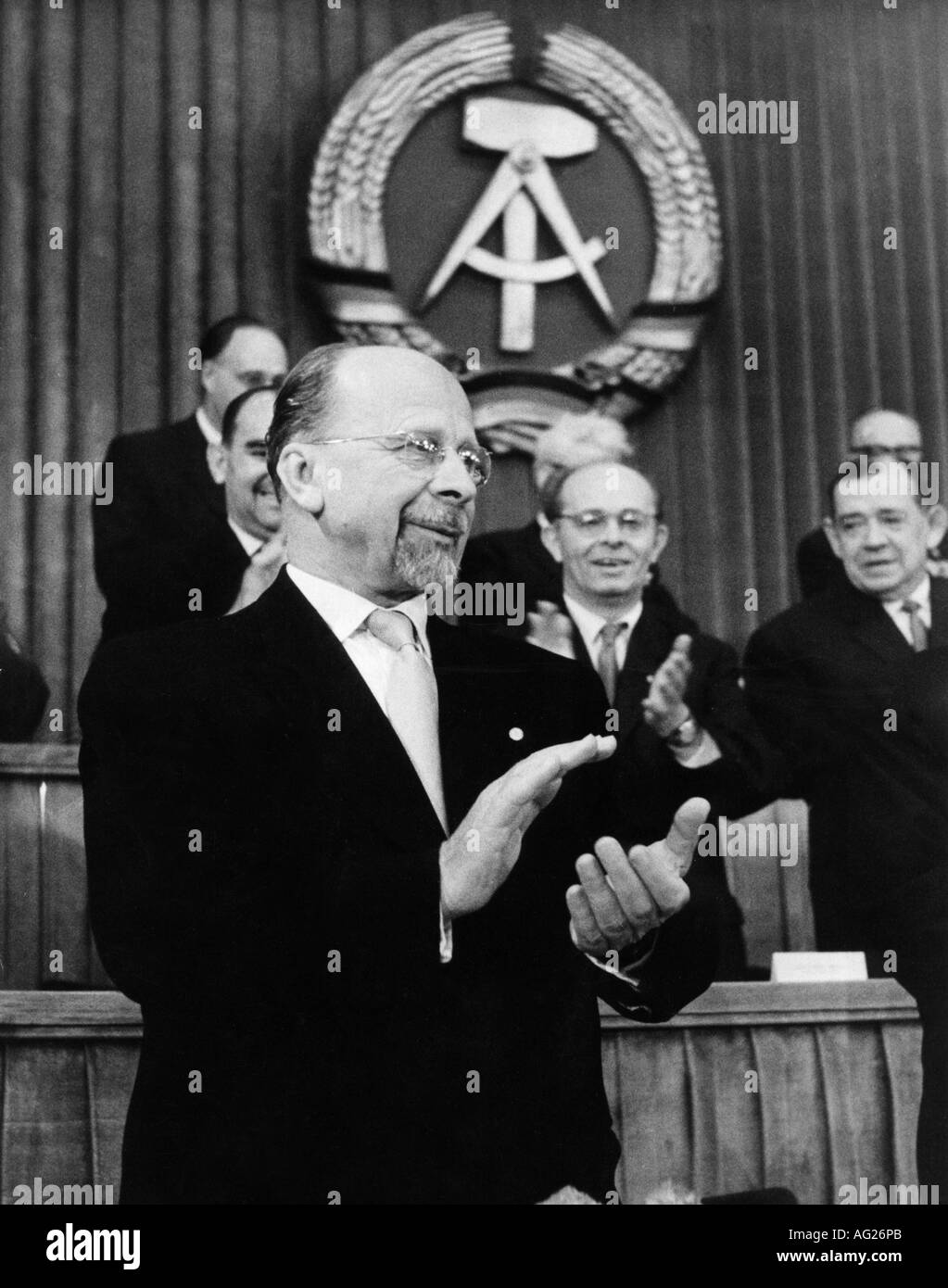 Ulbricht, Walter, 30.6.1893 - 1.8.1973, German politician (SED), half length, after reelection for chairman of council of state, applauding, 20.7.1960, Stock Photo