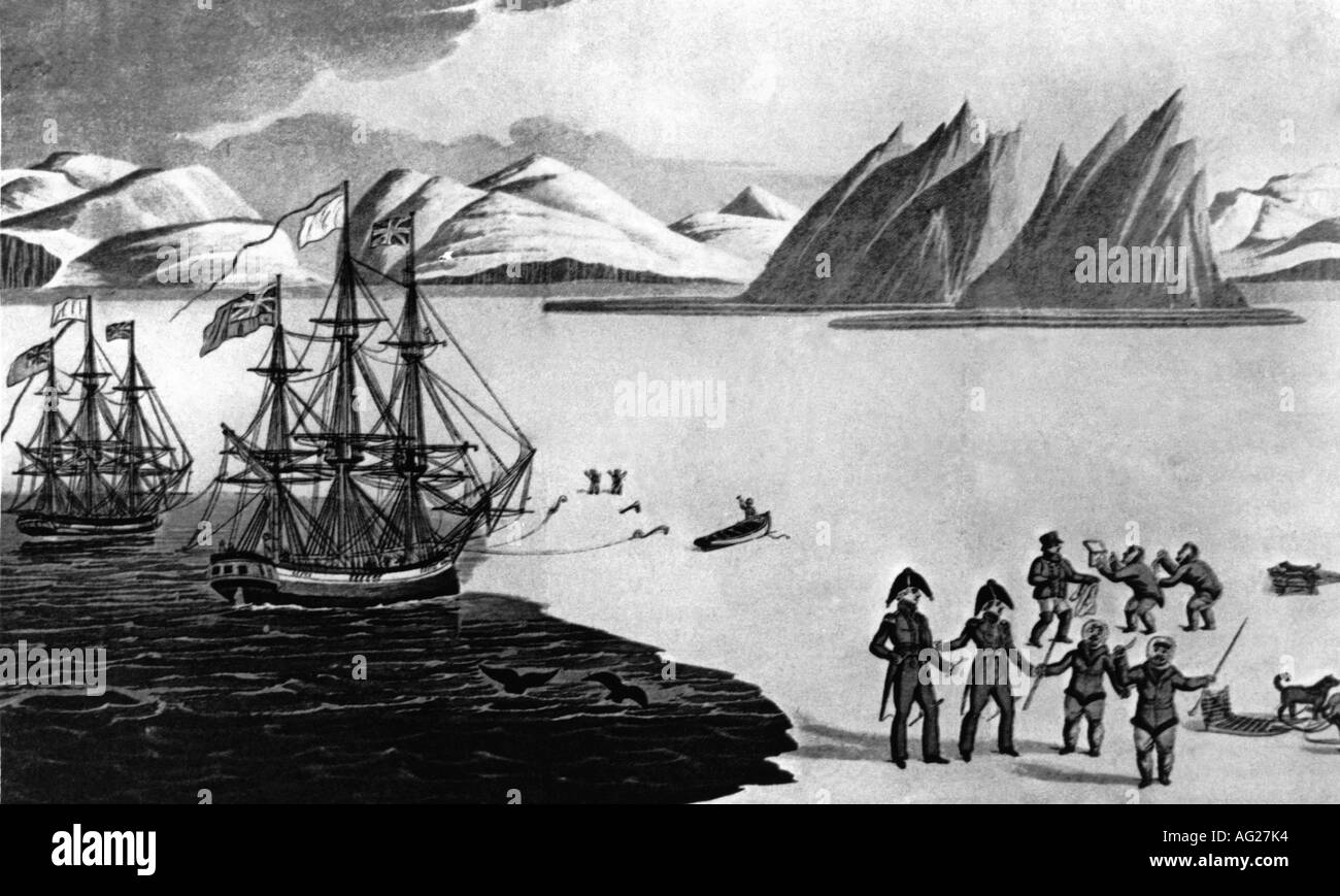Ross, Sir James Clarke, 15.4.1800 - 3.4.1862, English explorer, scene, Ross with Inuit in Greenland, , Stock Photo