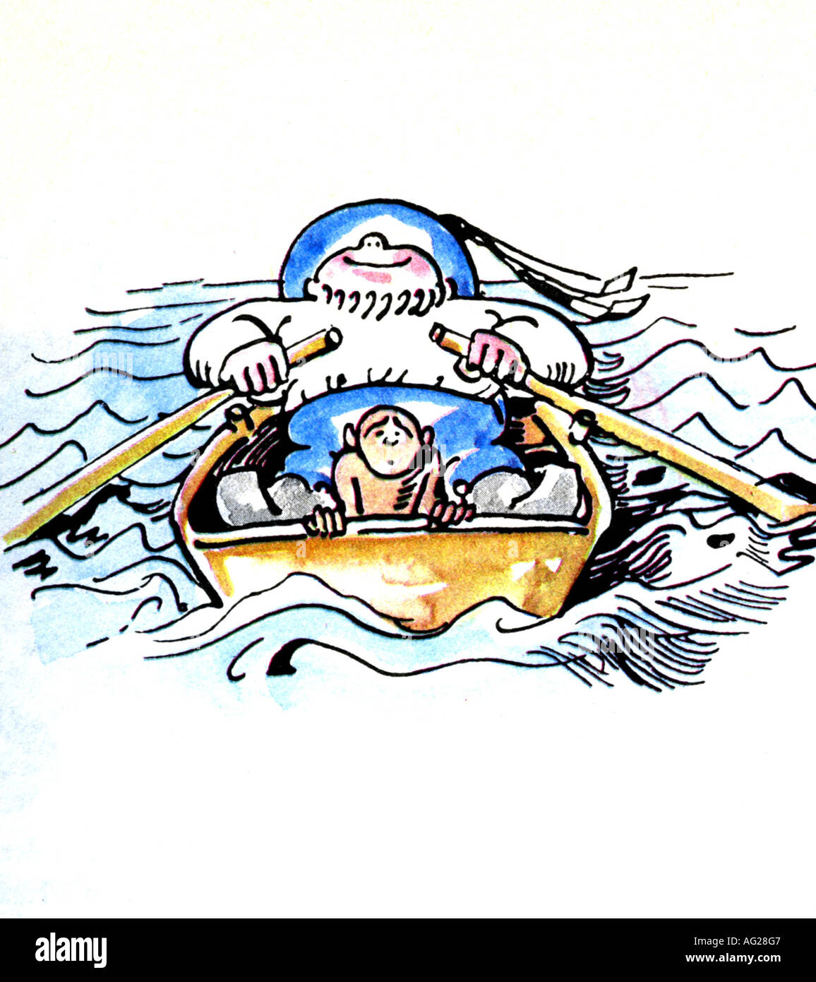literature, Fipps der Affe, Wilhelm Busch, second Chapter, Schmidt and Fipps, comic strip, Germany, animal, monkey, man, boat, rowboat, rowing, paddling, Bremen, water, sea, historic, historical, people, men, male, Artist's Copyright has not to be cleared Stock Photo
