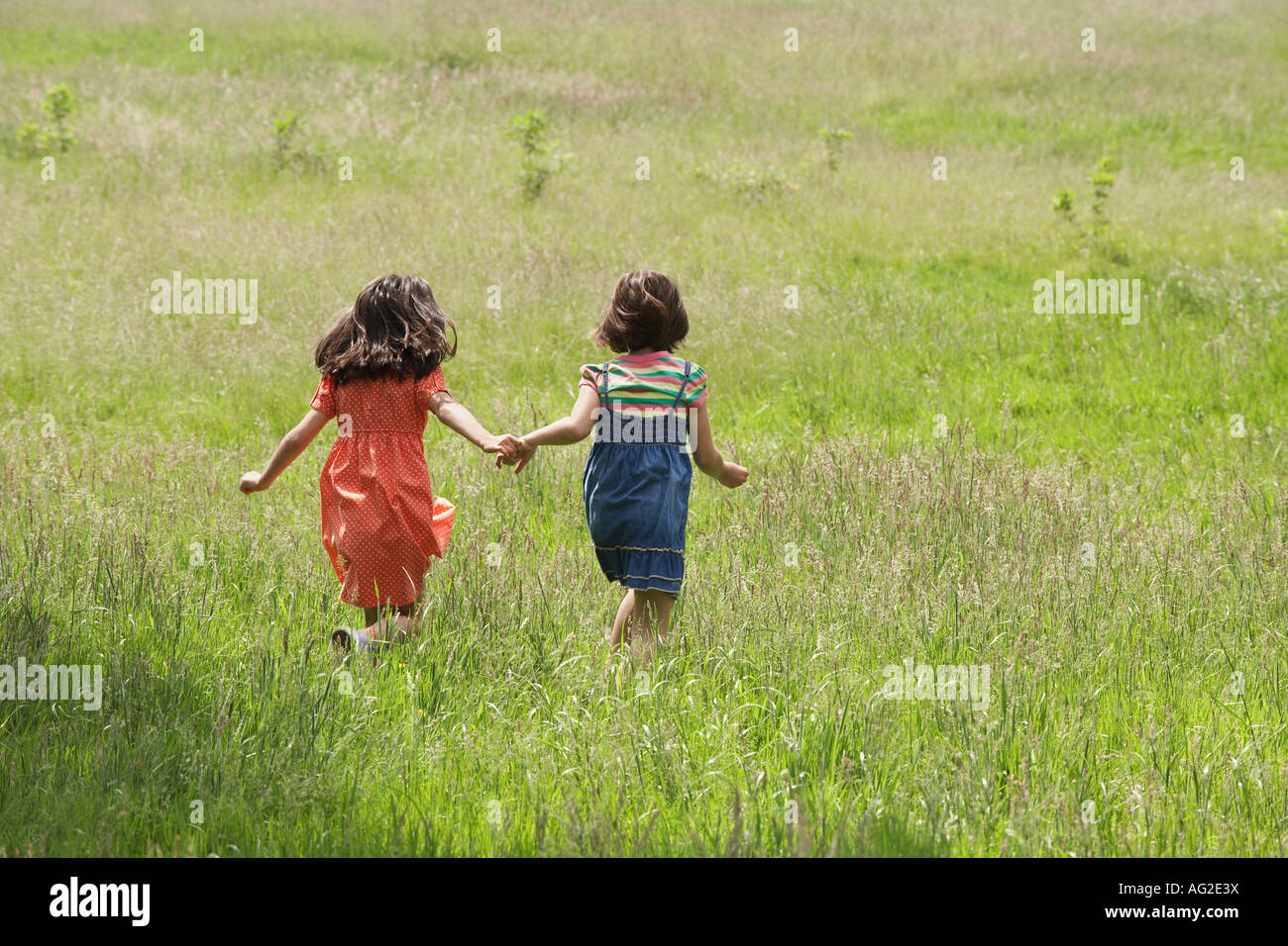 Two girls (7-9) holding hands, running in field Stock Photo - Alamy