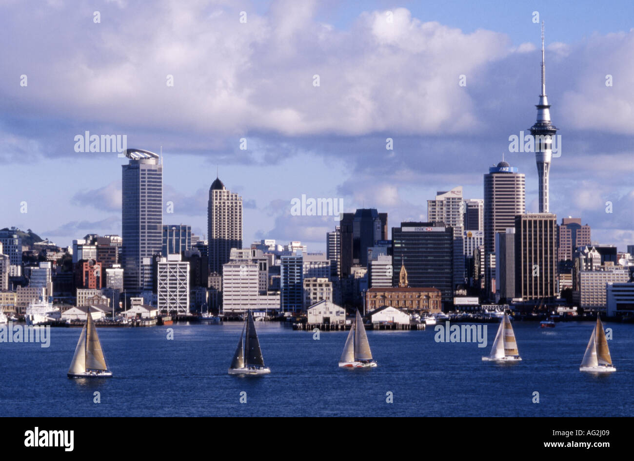 Auckland city waterfront with CBD skyline background and harbour with yachts foreground North Island New Zealand Stock Photo