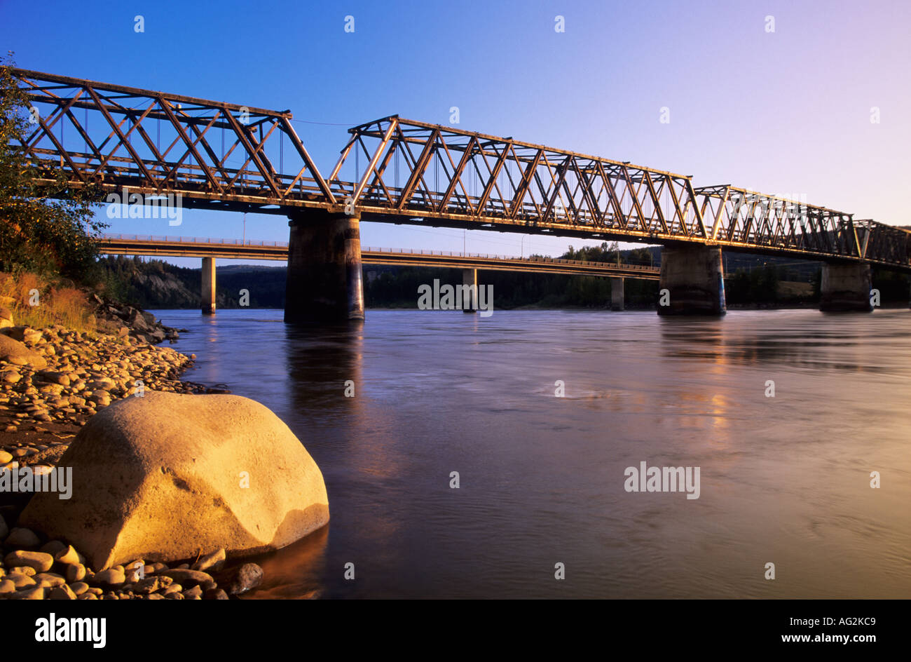 New and old bridges over Fraser river Quesnel British Columbia, Canada Stock Photo