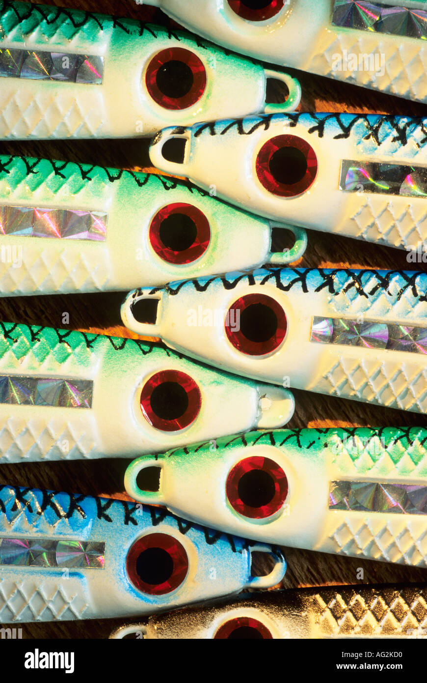 Salmon fishing lures close up with eyes forming repeating pattern Stock Photo