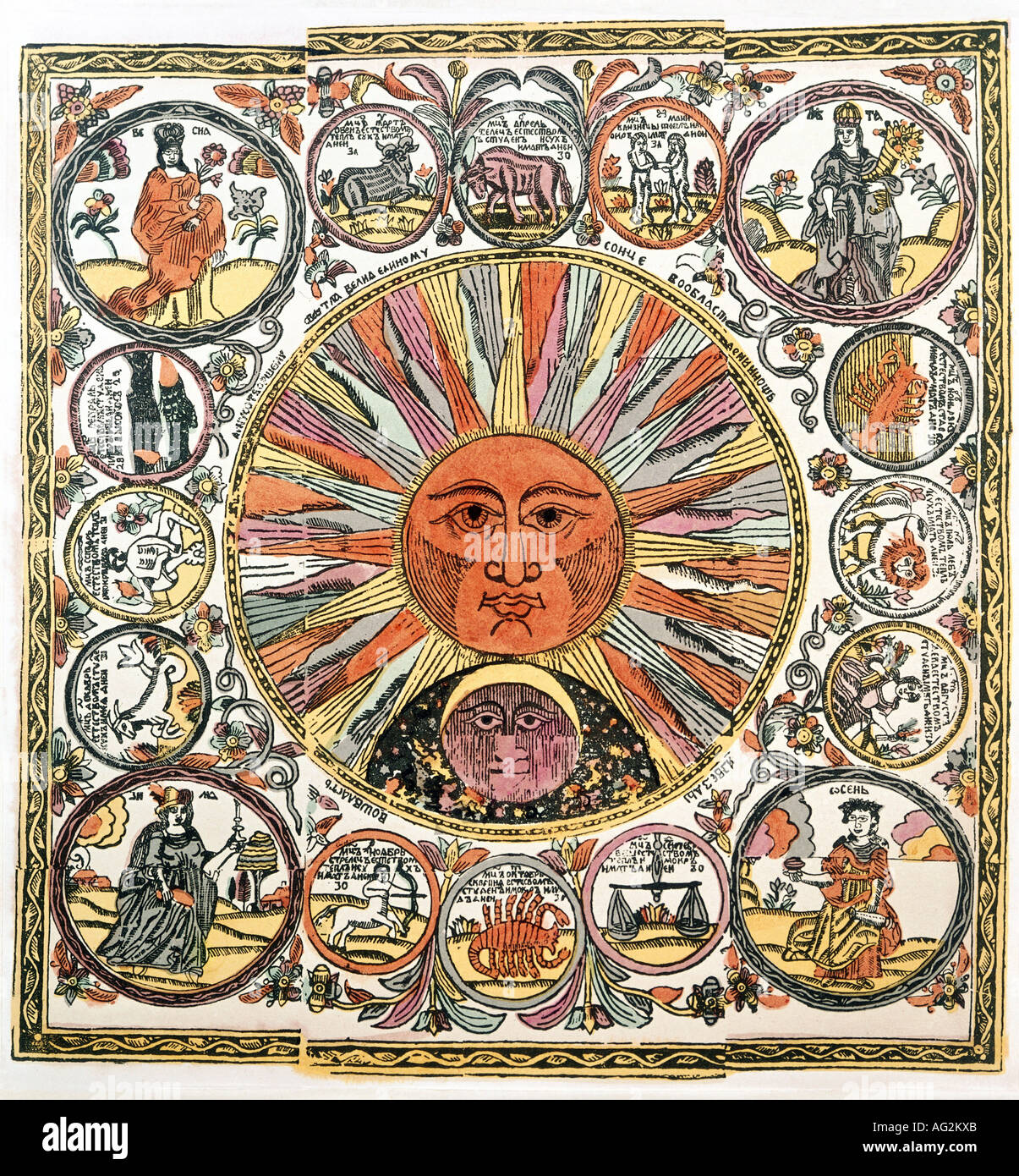 astronomie, sun, moon, zodiac and seasons, woodcut, Russia, early 18th ...