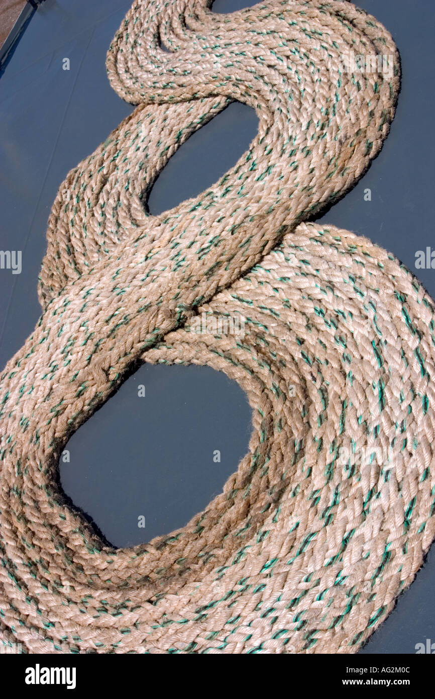 Coiled rope on deck of Irish Naval ship Aoife docked in Cherbourg ...