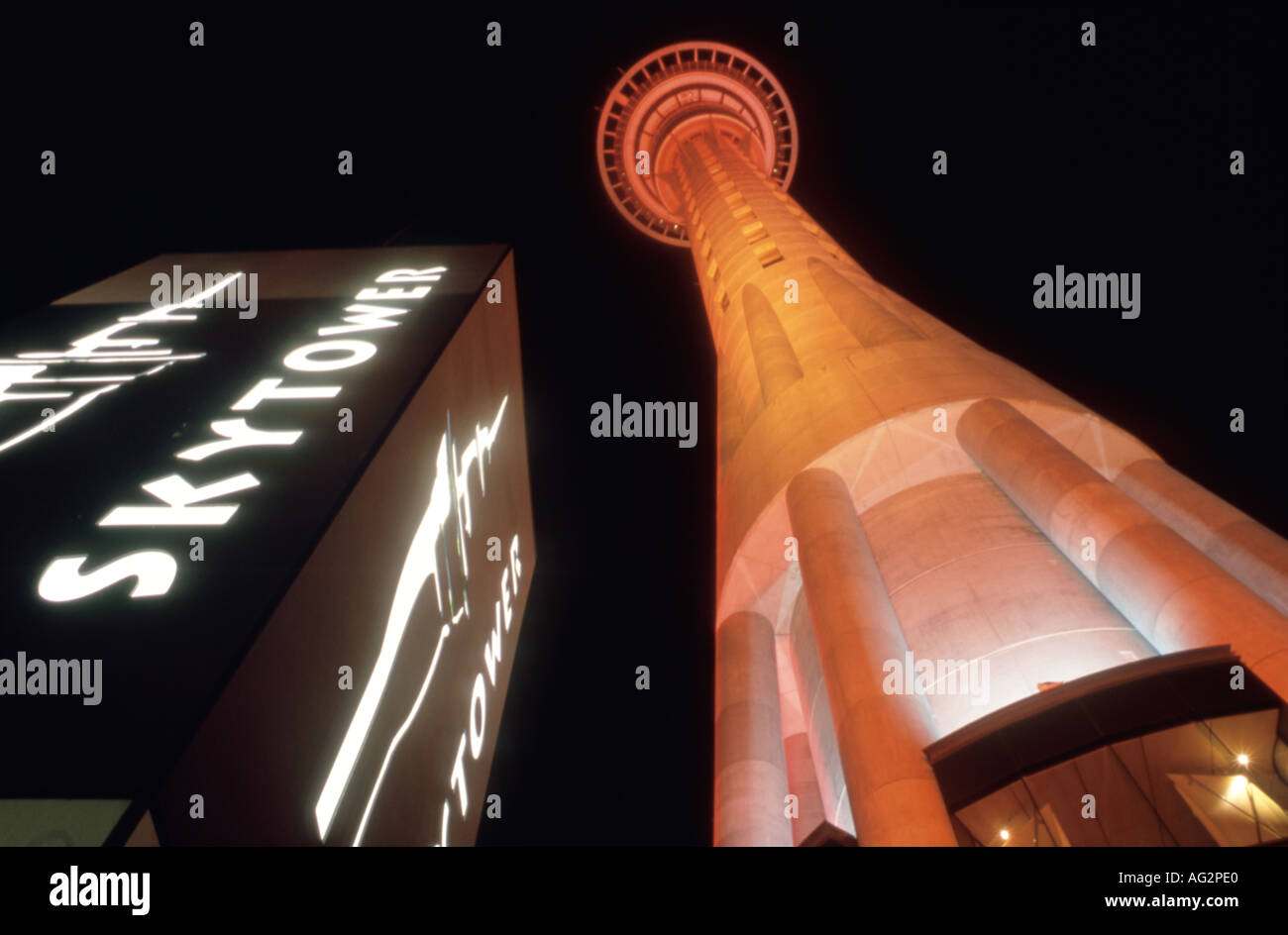 The Sky Tower Auckland New Zealand illuminated at night Stock Photo