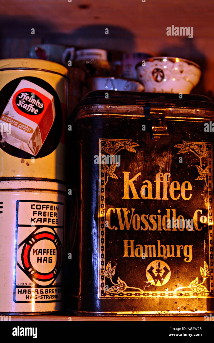 old coffee tins cans with old german language Stock Photo
