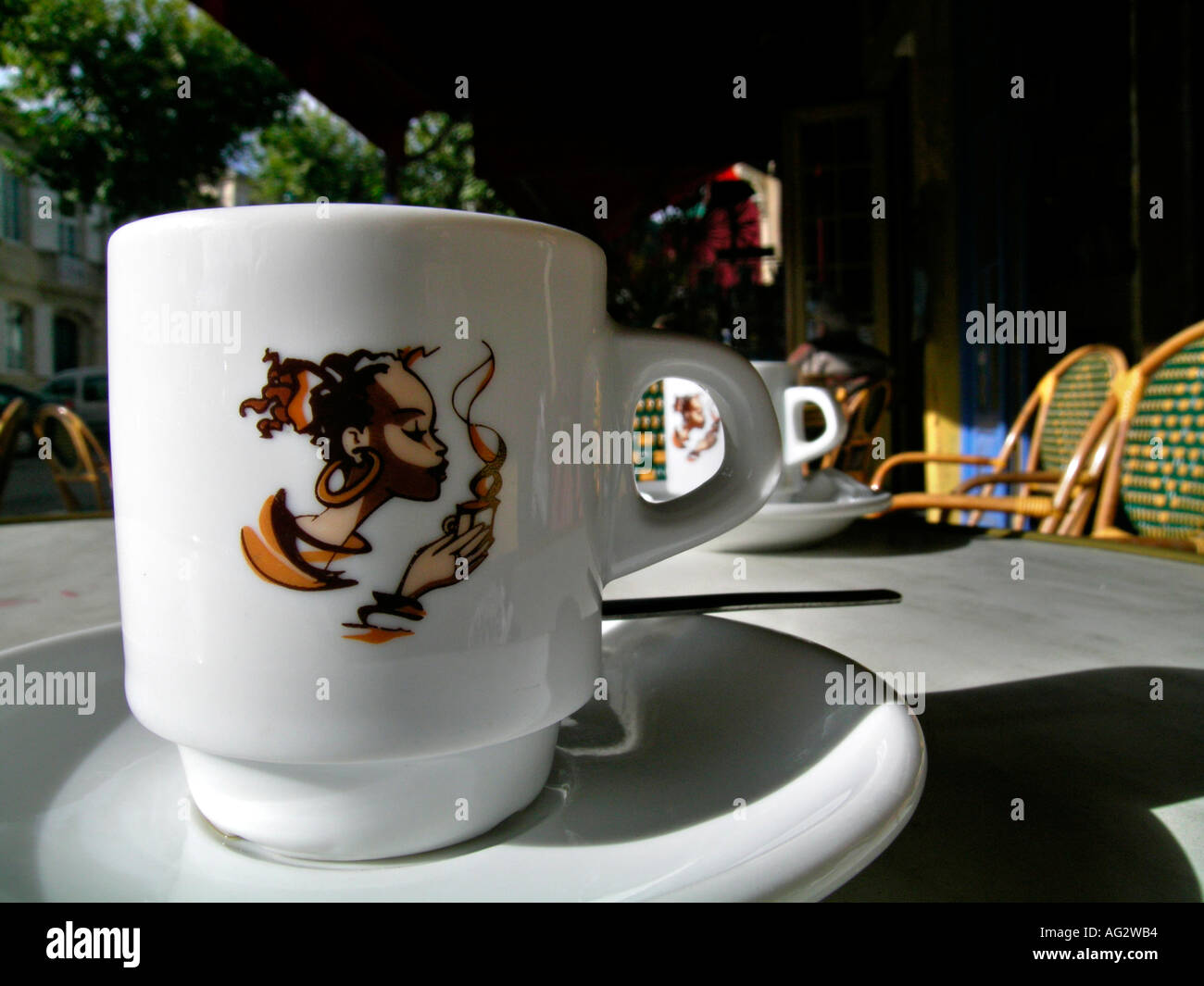 coffee cup espresso expresso cup on a table of an outdoor café bar in France Stock Photo