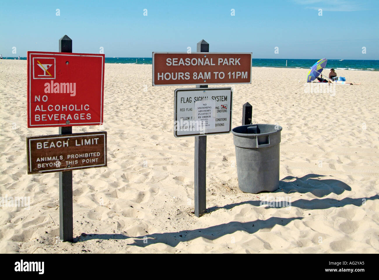 Signs on the beach at Grand Haven State Park Michigan sets rules for