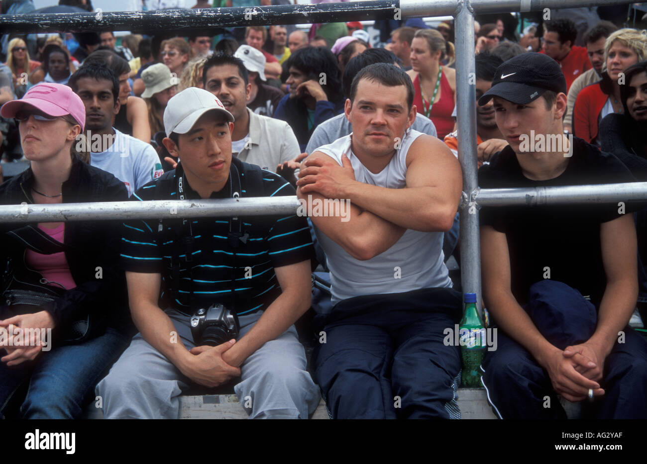 Multi racial audience watching break dancing at the Sprite Urban Games Stock Photo