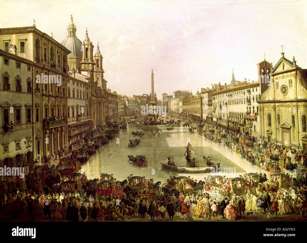 fine arts, Pannini, Giovanni Paolo, (17.6.1691 - 21.10.1765),  painting, 'Piazza Navona in Rom unter Wasser gesetzt' (Piazza Navona in Rome set under water), 1756, 95,5 cm x 136 cm, State Gallery, Hanover, Germany, Europe, fine arts, Baroque, 18th century, Italy, city view, views, cityscape, cityscapes, , Artist's Copyright has not to be cleared Stock Photo
