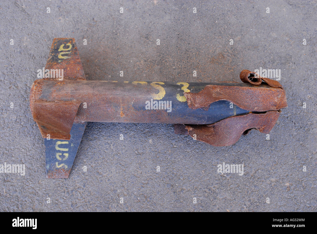 A remnant of exploded Qassam rocket that was fired from the Gaza Strip to southern Israel Stock Photo