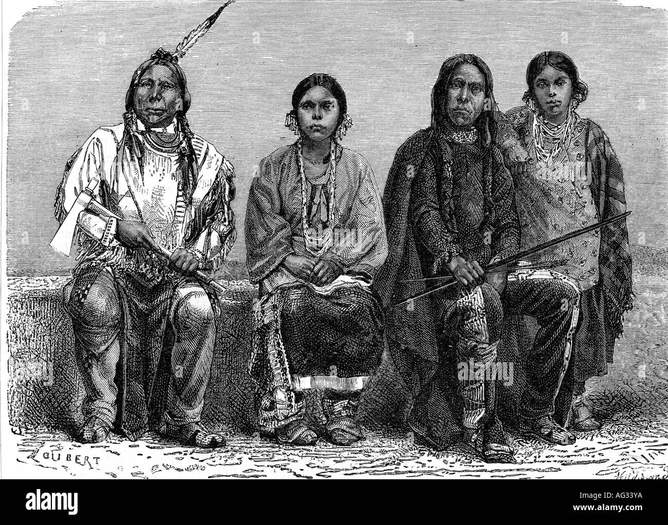 geography/travel, USA, people, Native Americans, tribes, men & women, engraving after drawing by Hildebrandt, 19th century, American Indians, North America, historic, historical, Lakota, Dakota, Stock Photo