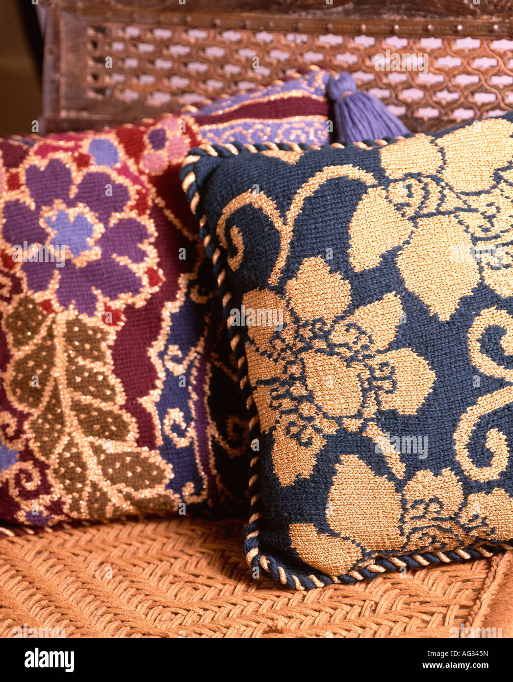 Close up of handmade floral tapestry cushion Stock Photo Alamy