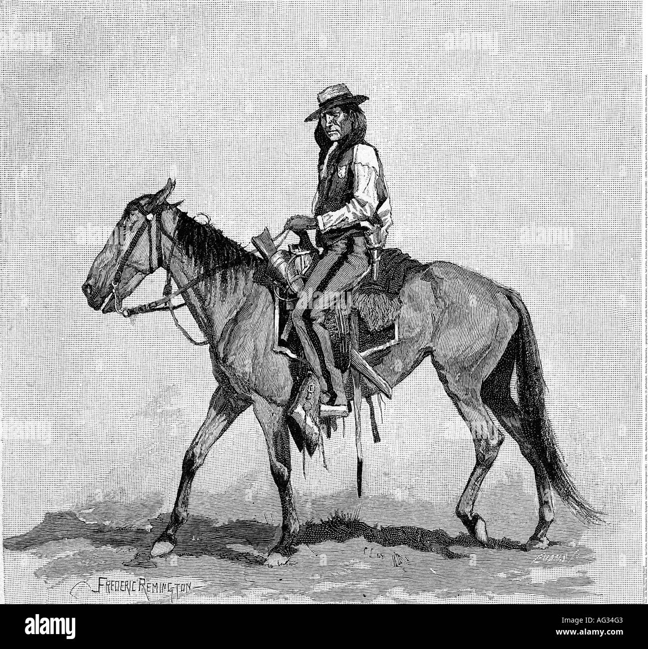 geography/travel, USA, people, Native Americans, reservation, San Carlos, Arizona, native policeman, engraving after Frederic Remington (1861 - 1909), Apache, police, North America, American Indians, 19th century, historic, historical, Stock Photo