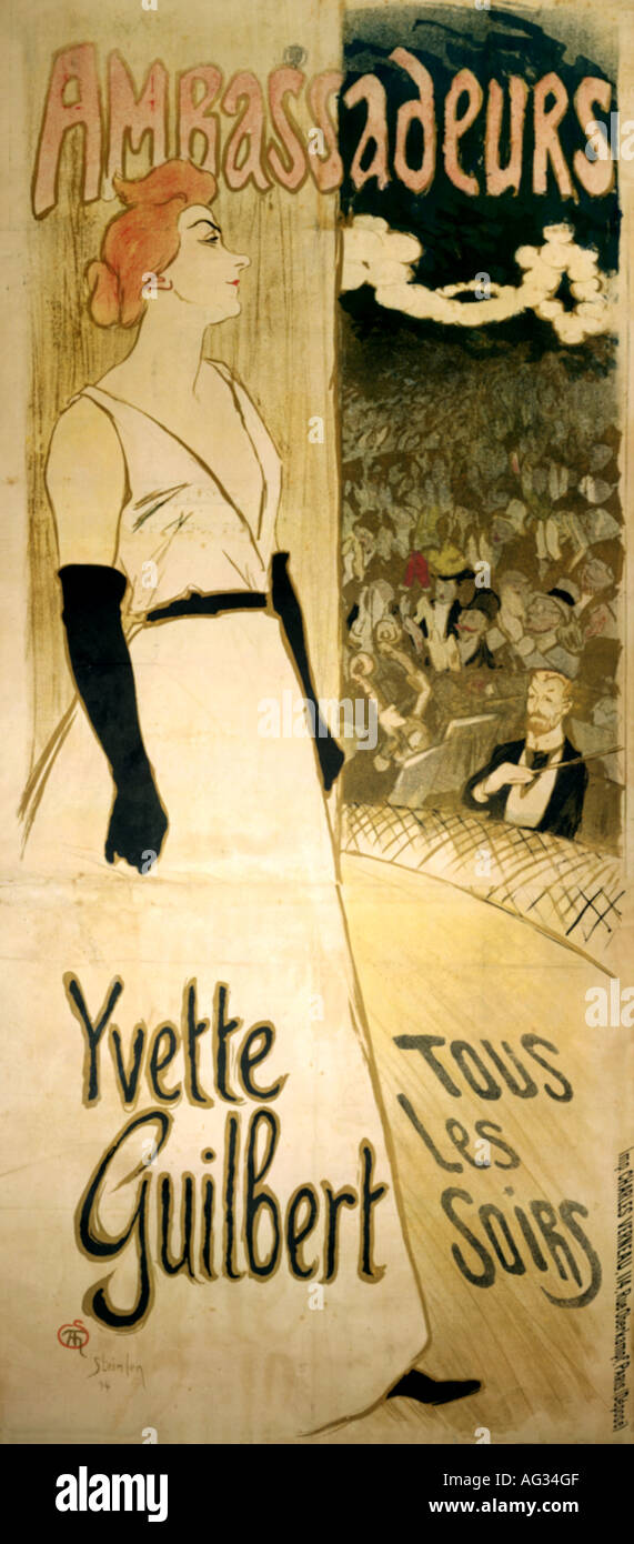 fine arts, Steinlen, Theophile Alexandre (10.11.1859 - 14.12.1923), poster, 'Diseuse Yyette Guilbert', 1894, lithograph, 184 x 79 cm, Die Neue Sammlung Munich, , Artist's Copyright has not to be cleared Stock Photo
