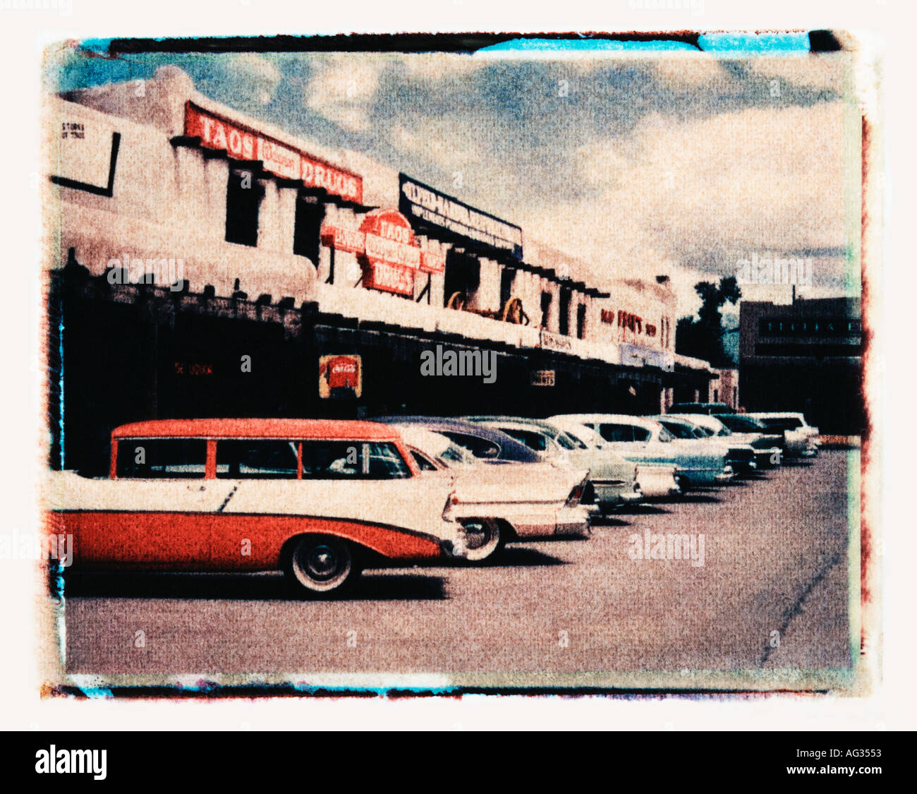 Polaroid transfer image of southwestern USA town circa 1950s Stock Photo