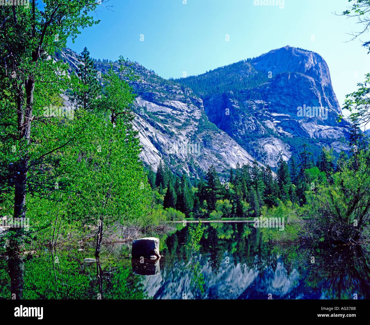Mirror Lake and Mt Watkins in Yosemite National Park California USA Stock Photo