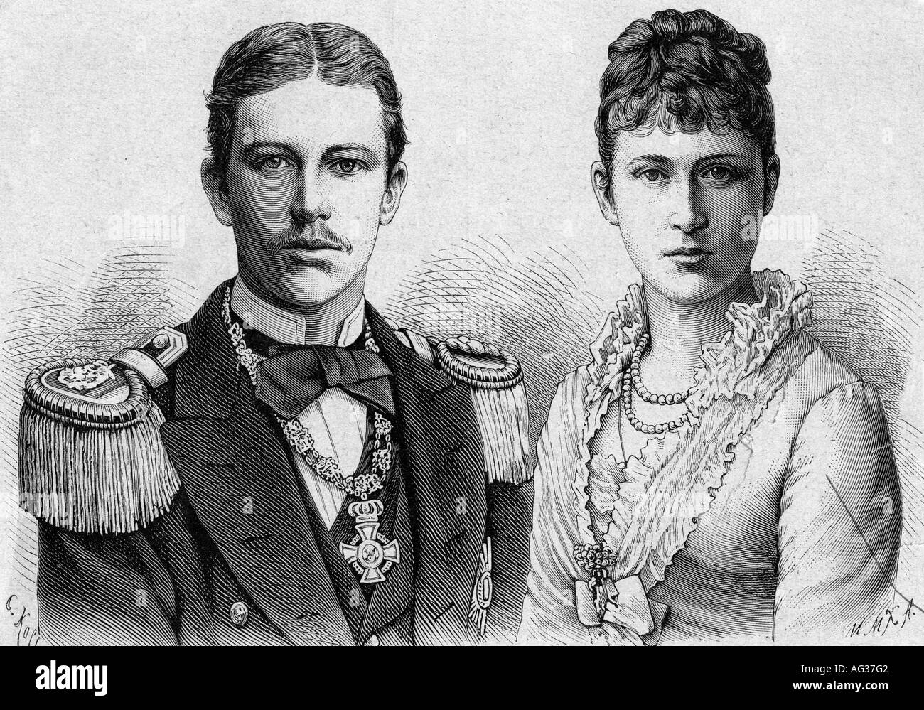 Heinrich, 14.8.1862 - 20.3.1929, Prince of Prussia, German admiral, with his fiancee Princess Irene of Hesse and at Rhine, portrait, engraving after drawing by Carl Kolb, 1887, Hohenzollern, Germany, 19th century, Henry, wife, female, woman, , Stock Photo