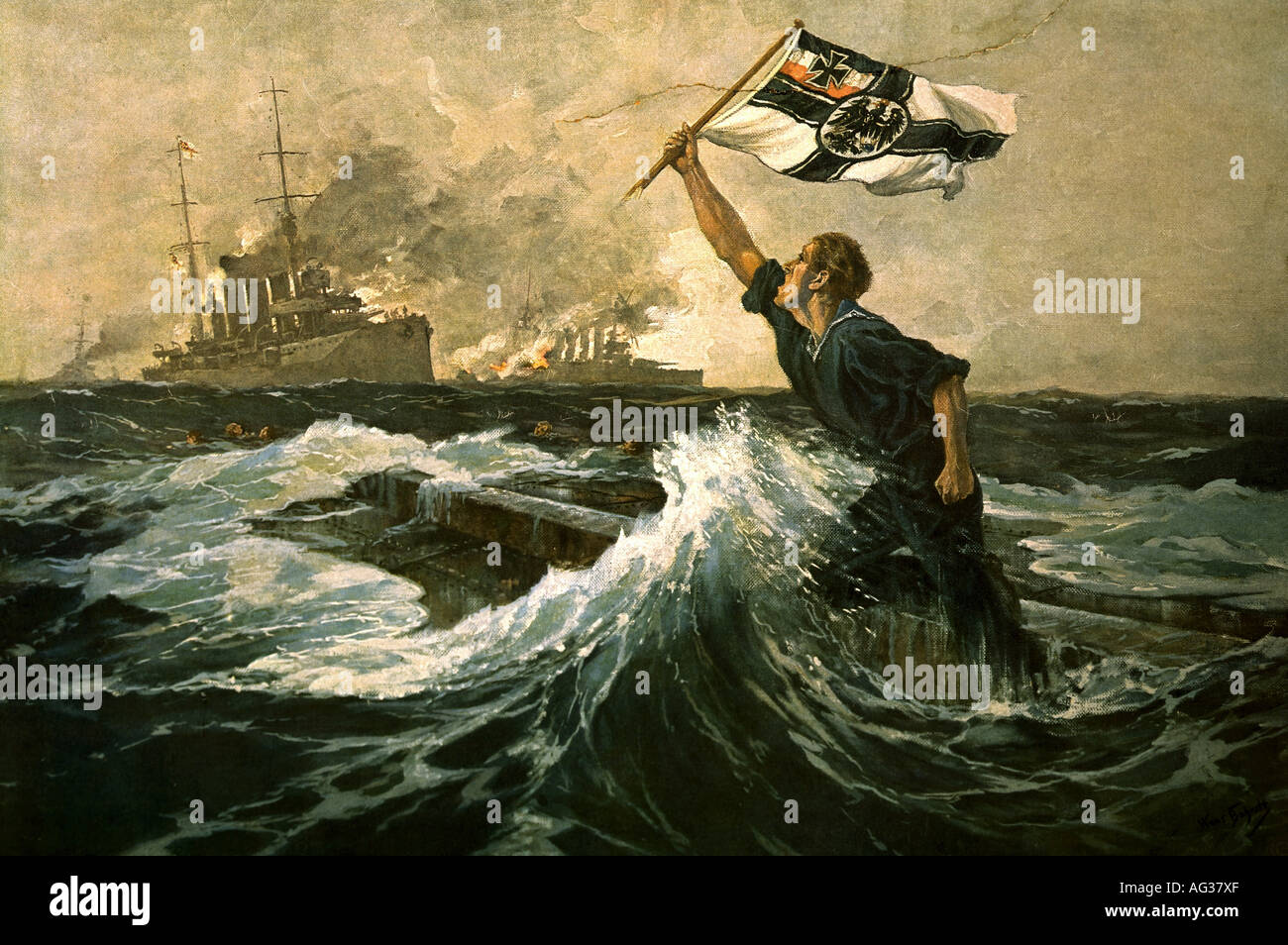 events, First World War, naval warfare, Battle of the Falkland Islands, 8.12.1914, 'The last man', engraving after painiting by Hans Bordt, 1915, sailor, hero, flag, Germany, German navy, 20th century, , Stock Photo