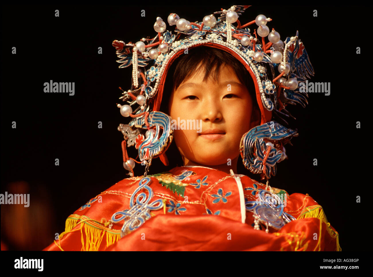 Young Chinese Girl Wearing Qing Dynasty Style Wedding Dress Stock