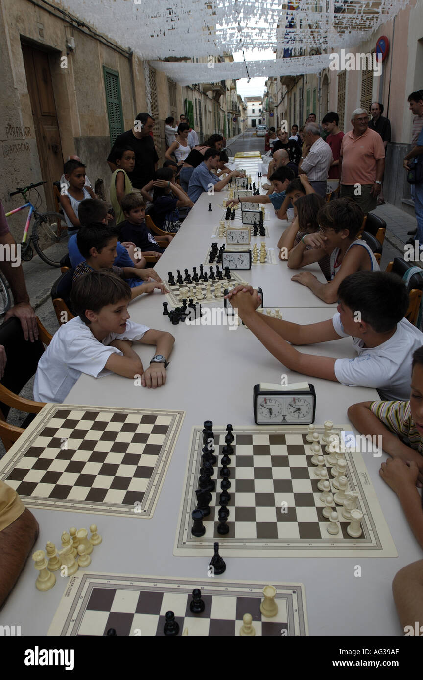 Playing chess Summer festival in Petra Mallorca Majorca Spain Europe