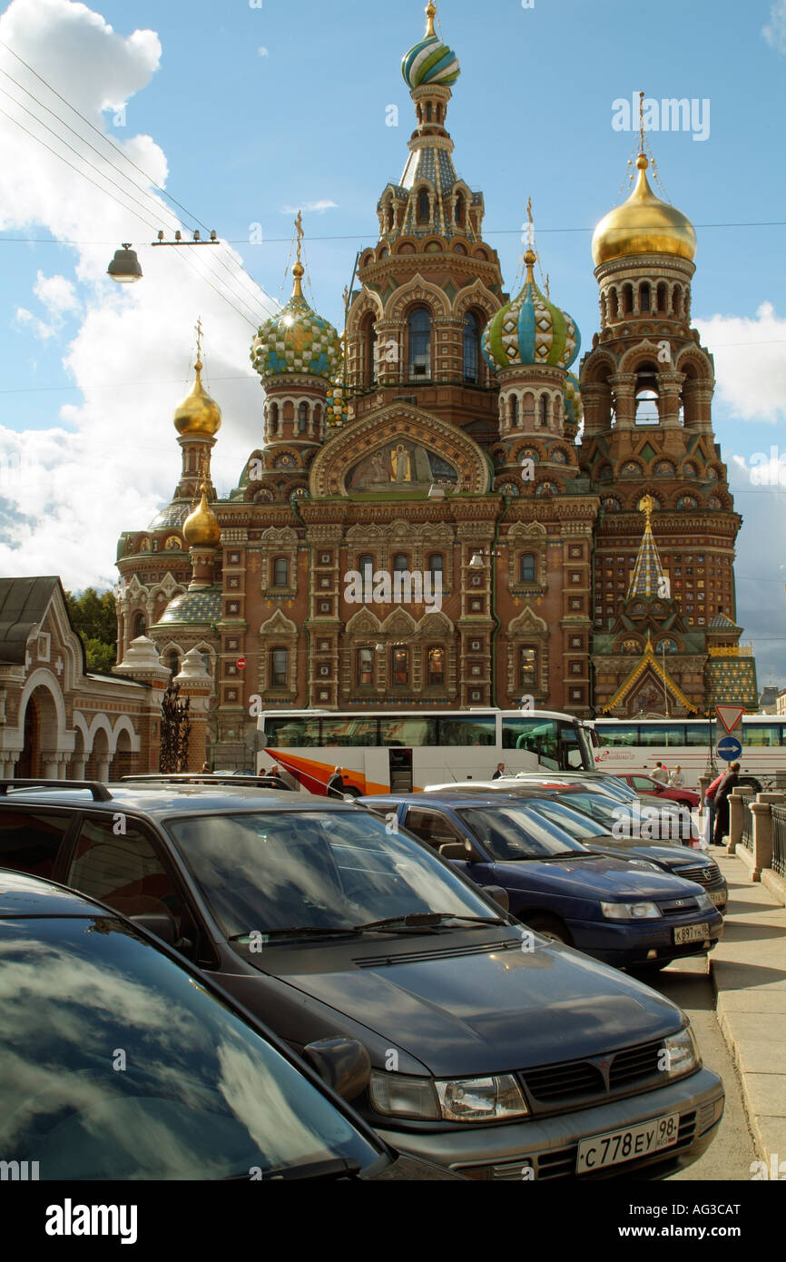 Church on the Spilled Blood St Petersburg Russia car parking Stock