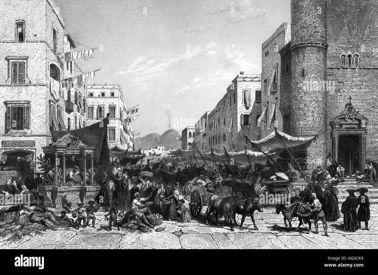geography/travel, Italy, Naples, street scene, engraving, circa 1855