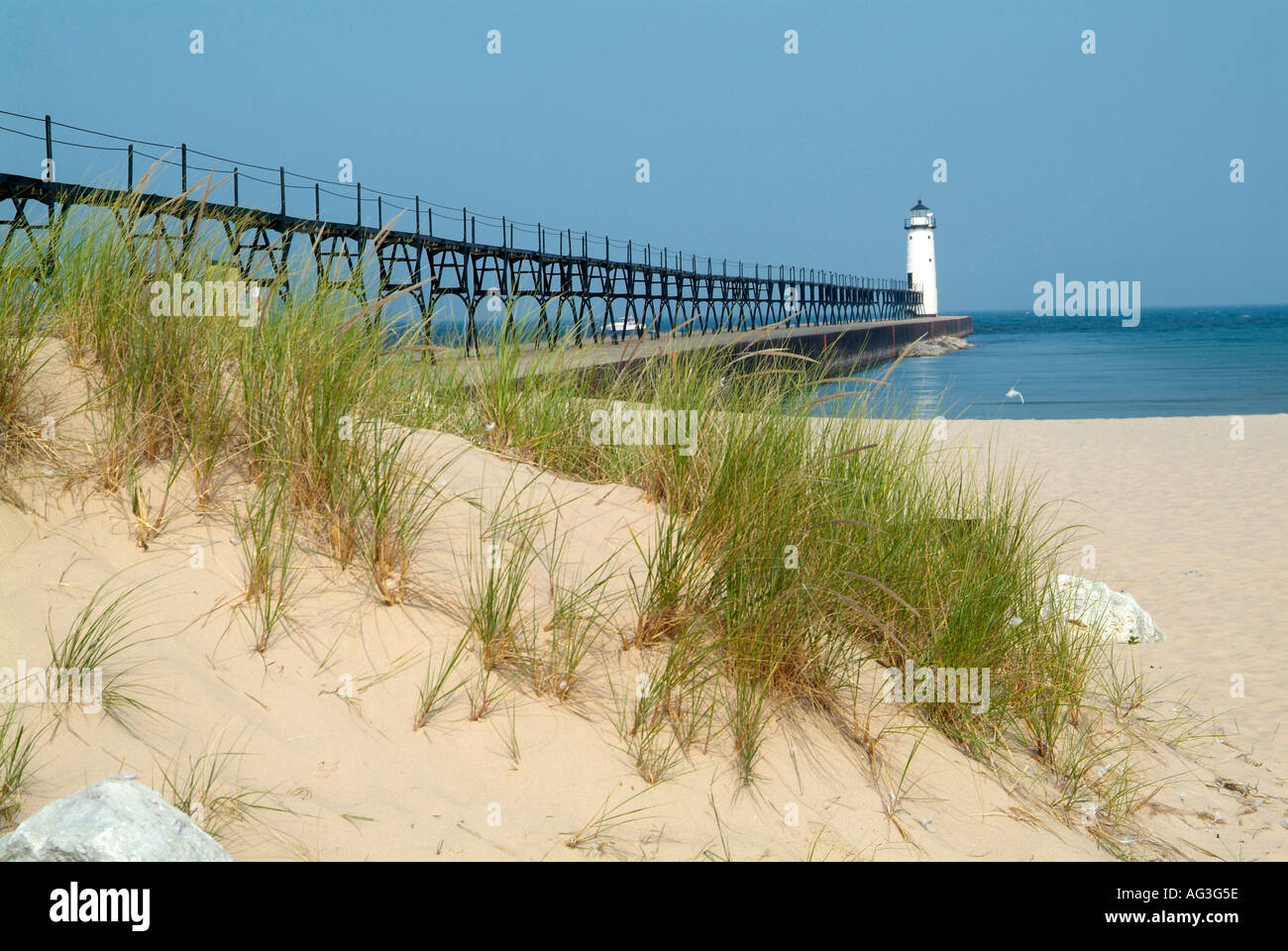 the lighthouse on Lake Michigan at Manistee Michigan beach Stock Photo