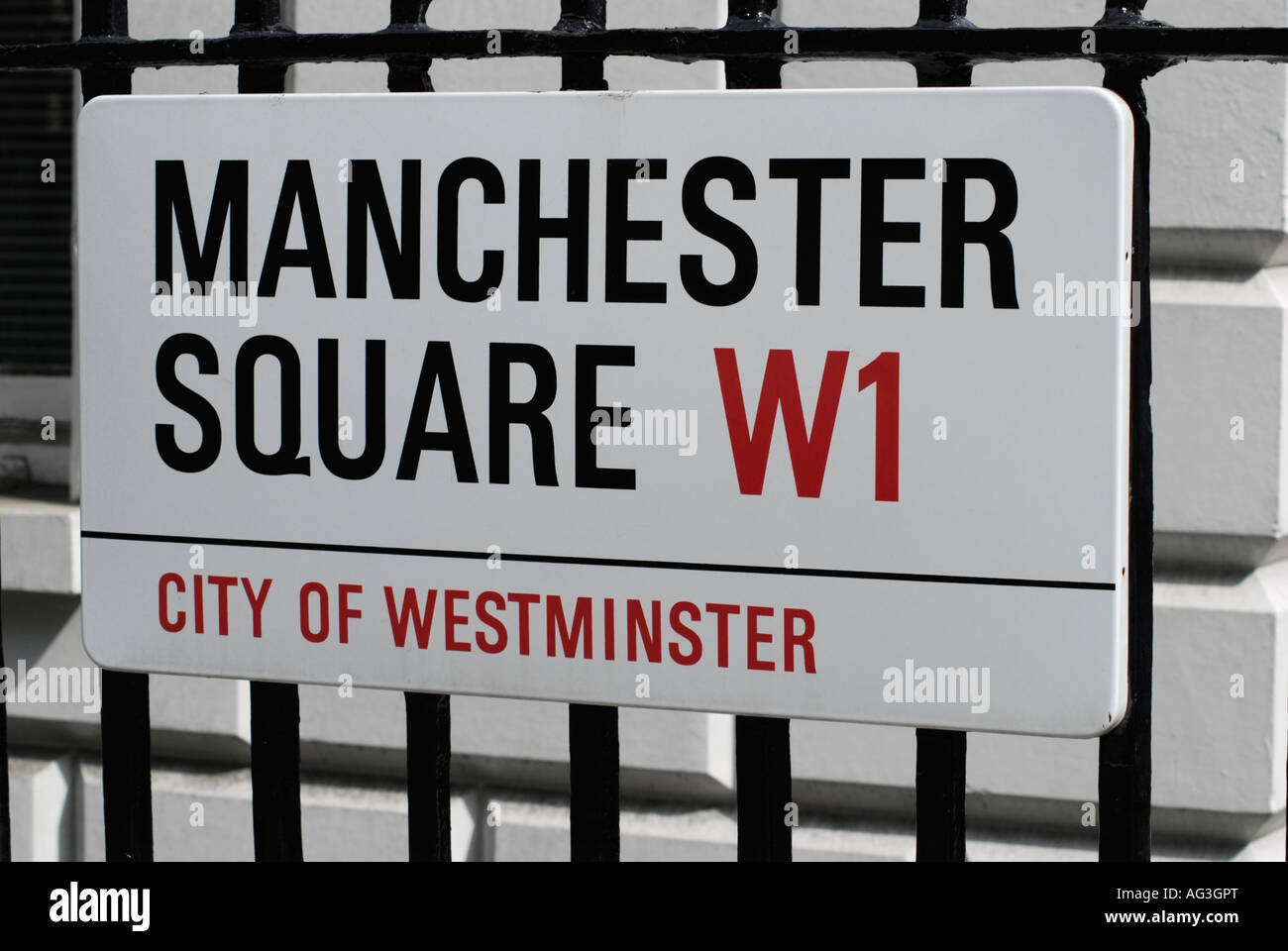 Manchester Square W1 London City of Westminster street sign on railings Stock Photo