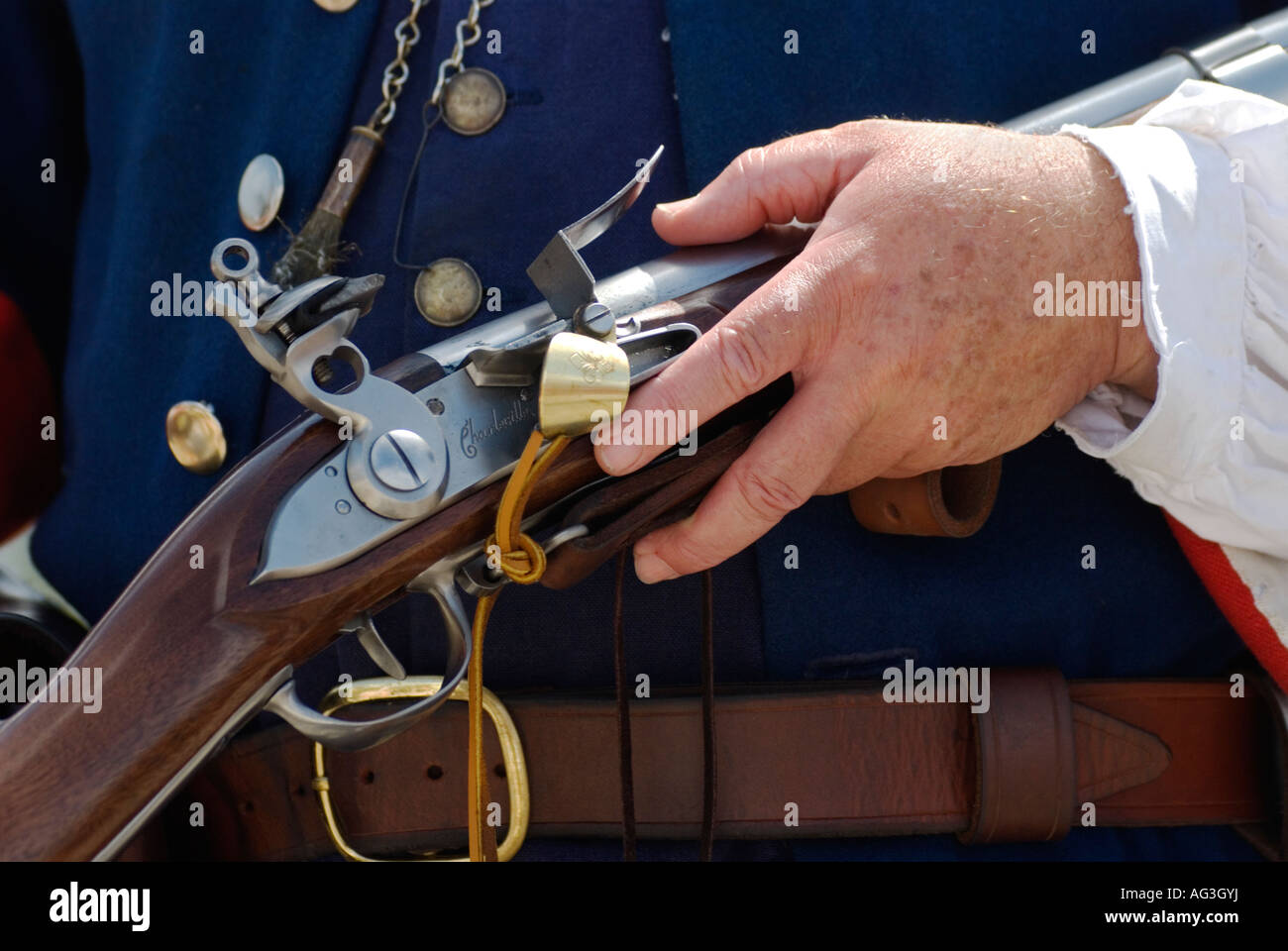 reenactor holds flintlock rifle, St. Augustine, Florida Stock Photo