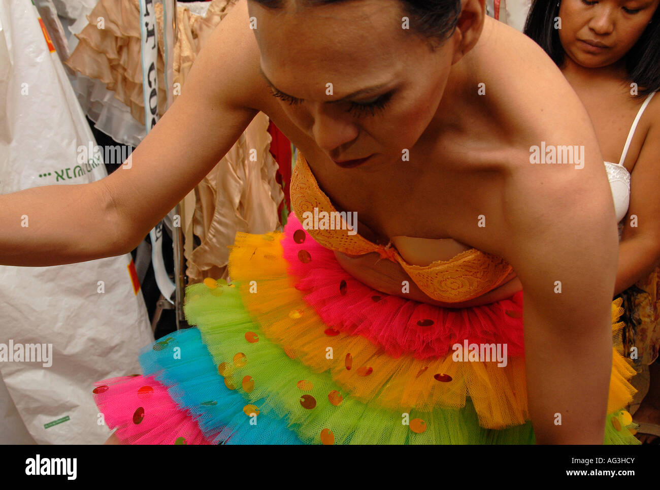 An Asian transgender during a migrant workers transgender beauty contest in Tel Aviv Israel Stock Photo