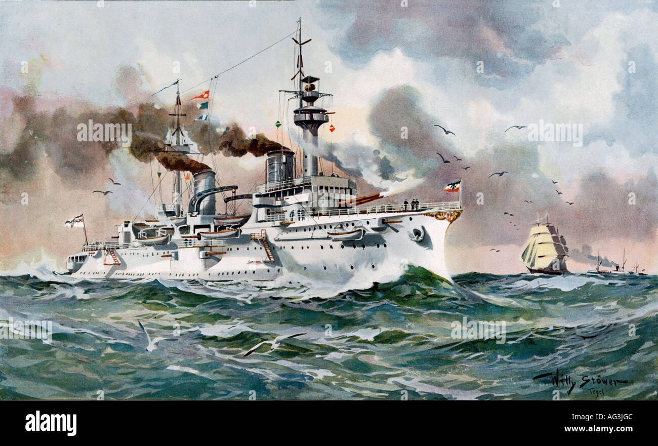 transport/transportation, navigation, warships, Germany, armoured cruiser 'Fürst Bismarck', commissioned 1900, wrecked 1920, after watercolour by Willy Stöwer (1864 - 1931), Stock Photo